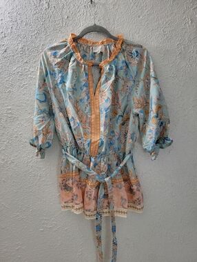 Melloday Sz L Womens Boho Top Blue Peach Floral Print Peasant Tunic Tie Belt